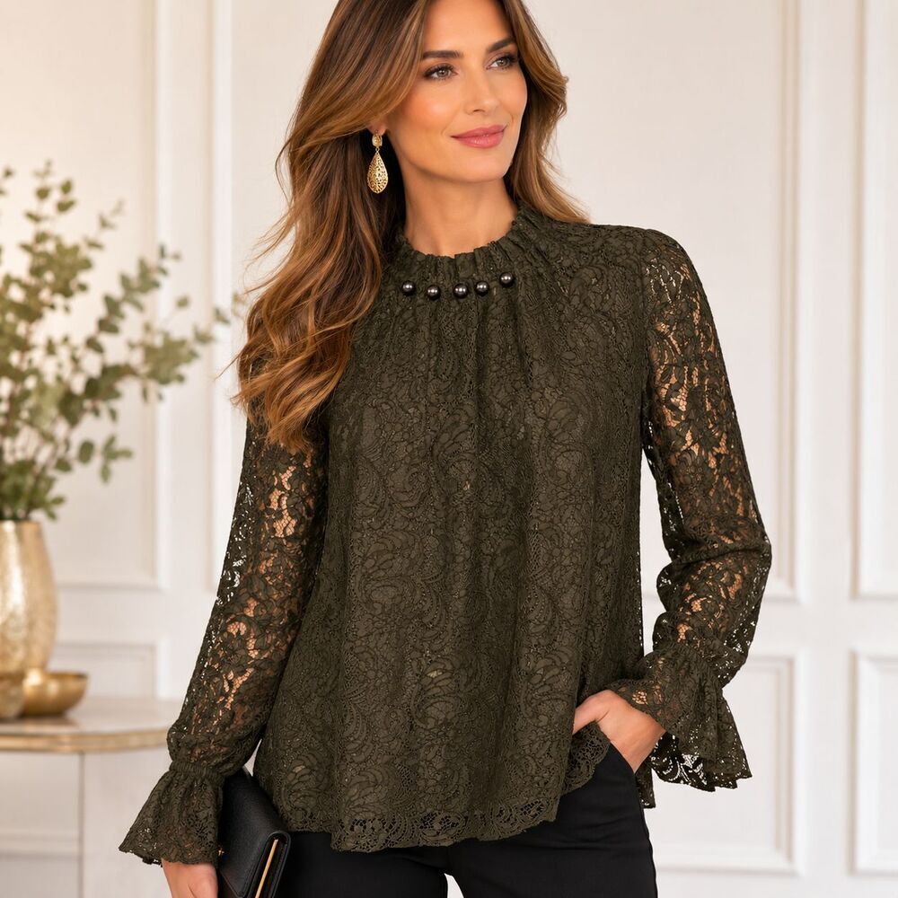 Sachin & Babi Emilia Lace Blouse 14 Olive Green Mock Neck Bead Trim NWT
